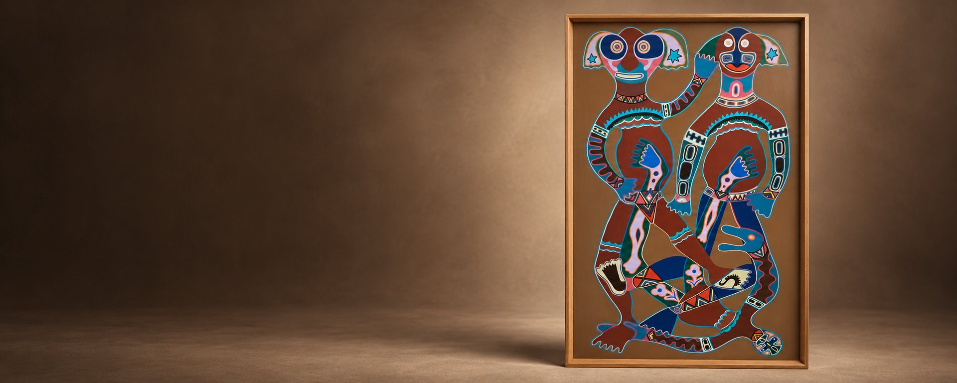 Framed painting of two figures in bold colour